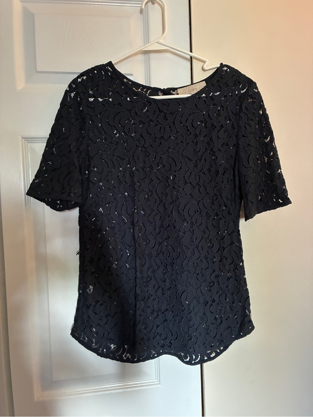 LOFT Navy Crochet Lace Short Sleeve Blouse